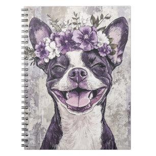 Cuaderno Floral púrpura de perro de Boston Terrier