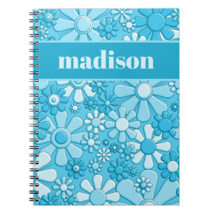 Cuaderno Floral retro personalizado azul estético de los añ