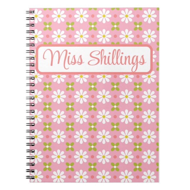 Cuaderno Floral Retro rosa y verde personalizado (Frente)