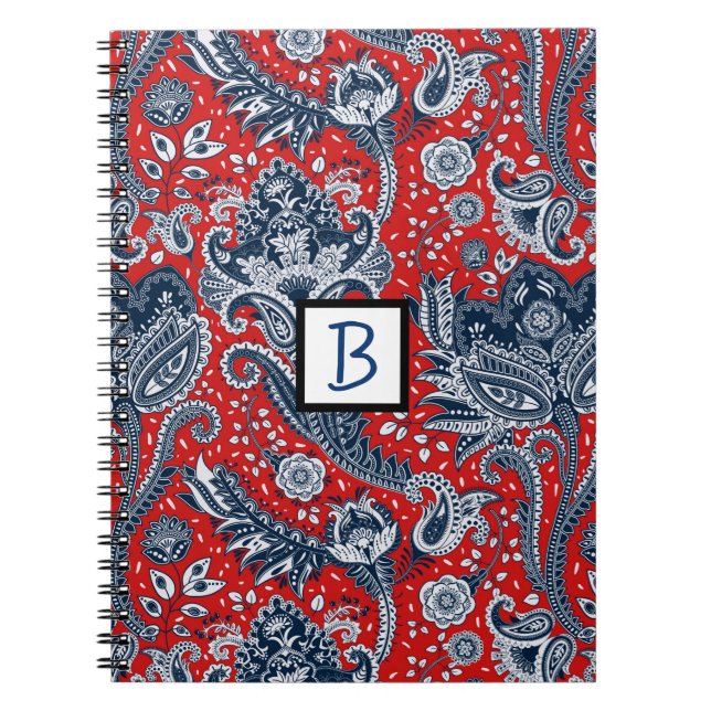 Cuaderno Floral roja blanca y azul Paisley Bohemio Boho (Frente)