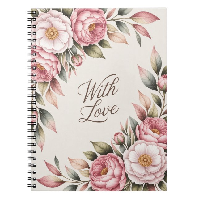 Cuaderno floral Romántico de Peony Rosa "Con Amor" (Frente)