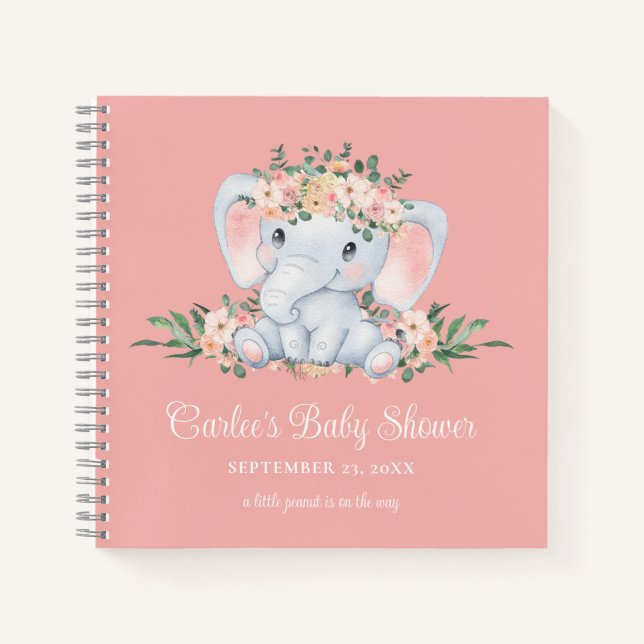 Cuaderno Floral rosa Cute Elephant Baby Baby Shower (Anverso)