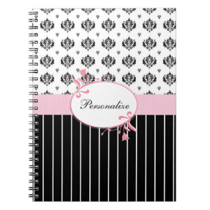 Cuaderno Floral rosa de Damasco blanco y negro con nombre