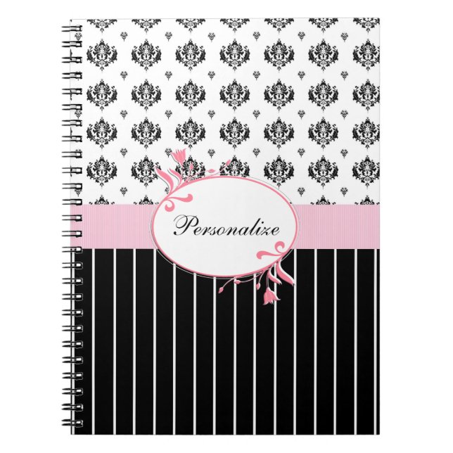 Cuaderno Floral rosa de Damasco blanco y negro con nombre (Frente)