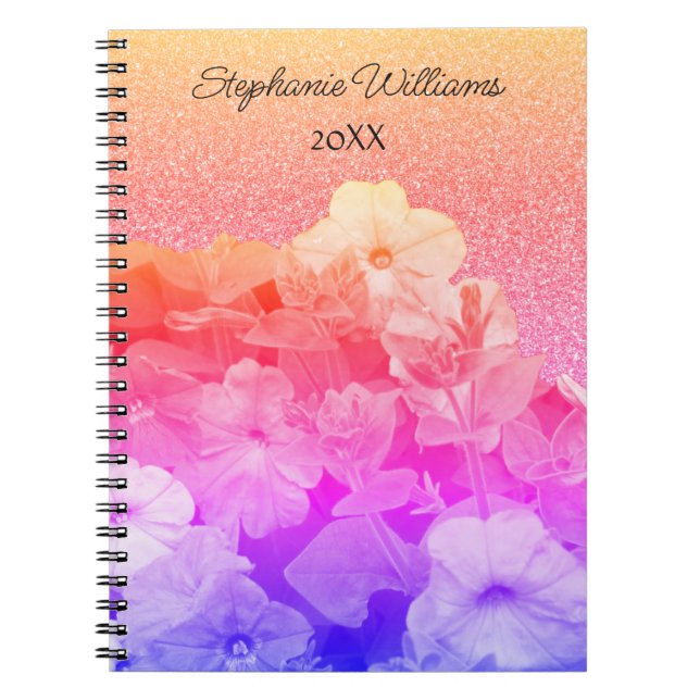 Cuaderno Floral rosa morado Purpurinoso nombre personalizad (Frente)