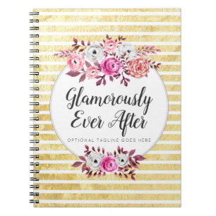 Cuaderno Floral Rosa y Glam dorado Acuarela Franja Moderna
