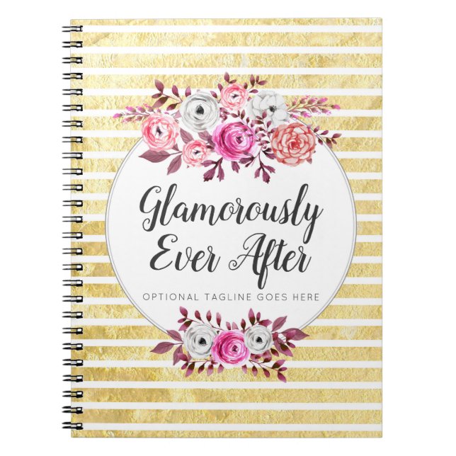 Cuaderno Floral Rosa y Glam dorado Acuarela Franja Moderna (Frente)
