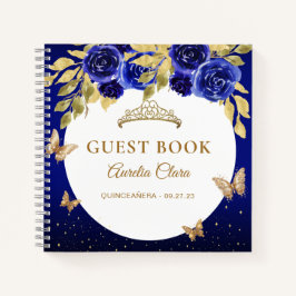 Cuaderno Floral Royal Blue Gold Tiara Butterfly Guest Book