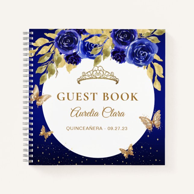 Cuaderno Floral Royal Blue Gold Tiara Butterfly Guest Book (Anverso)