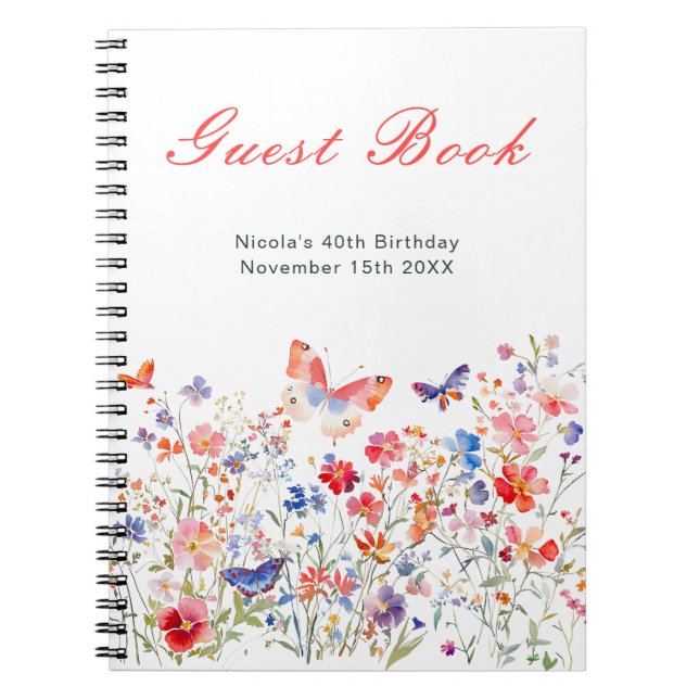 Cuaderno Floral Summer Butterfly Birthday Party Guest Book (Frente)