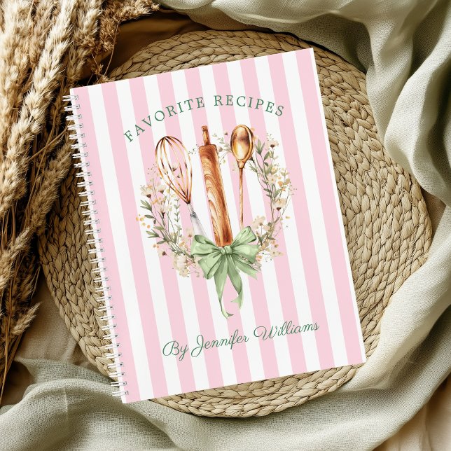 Cuaderno Floral Utensils Cooking Bakery Recipe Notebook (Pink Stripe Floral Utensils cooking Favorite Recipes notebook)