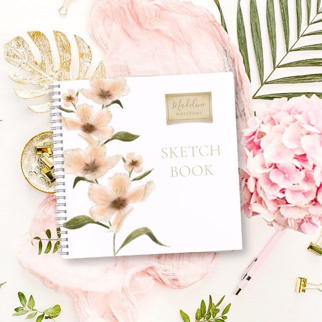 Cuaderno Floral Watercolor Sketchbook Nombre Rústico (Elegant monogram name wildflower shabby chic vintage floral stamp sketchbook with script typography.)