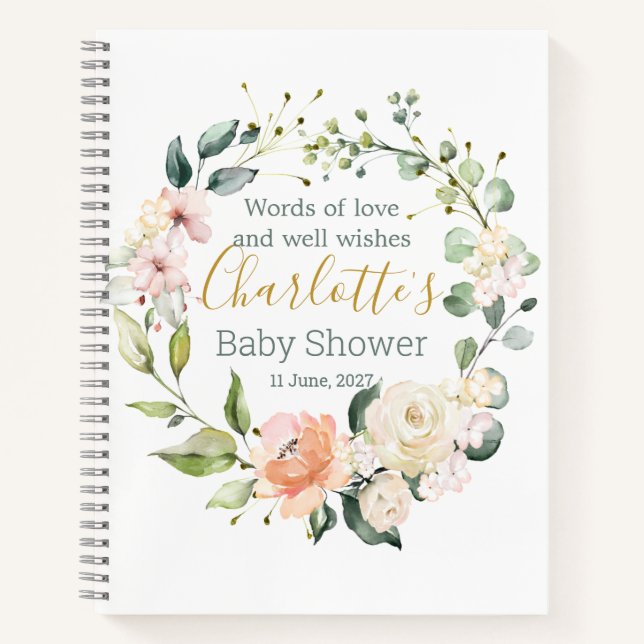 Cuaderno Floral wreath, follaje Baby Shower Guest Book (Anverso)