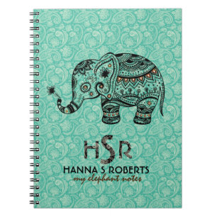 Cuaderno Floral y elefante retro negro y azul-verde