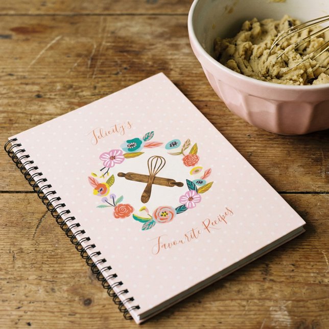 Cuaderno Floral y follaje Pin & Whisk Receta (Farmhouse Floral Rolling Pin & Whisk Recipe Notebook)