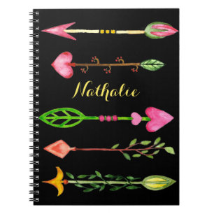 Cuaderno Florales de color de agua rosa sobre negro