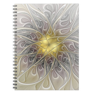 Cuaderno Florecer con flor fractal abstracta moderna de oro