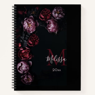 Cuaderno Flores 3D románticas oscuras Monograma negro