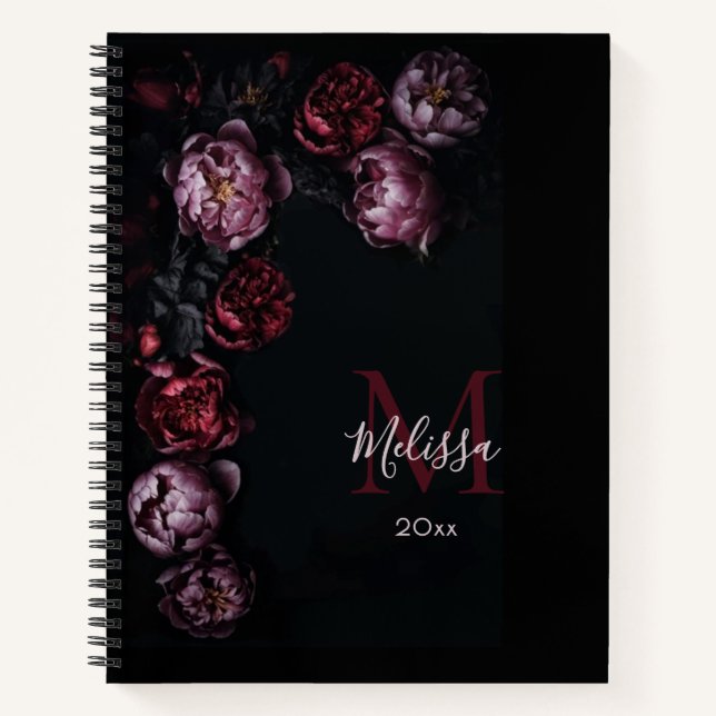 Cuaderno Flores 3D románticas oscuras Monograma negro (Anverso)