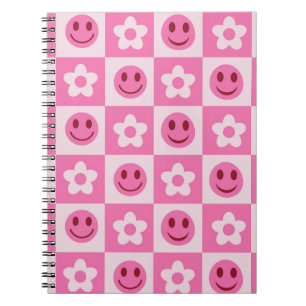 Cuaderno Flores a cuadros y caras felices rosa