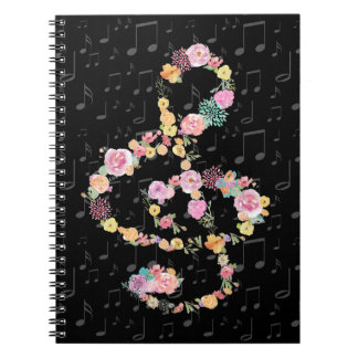 Cuaderno flores acuarelas música tremendo clef en negro