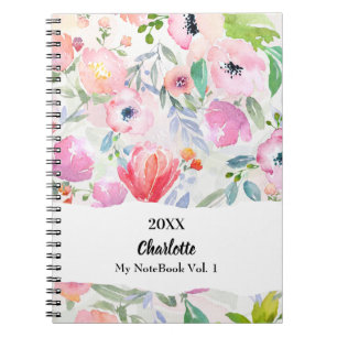 Cuaderno Flores acuarelas rosadas y púrpuras