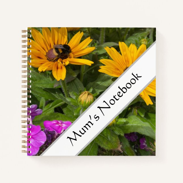 Cuaderno Flores amarillas de Rudbeckia Phlox rosa y abeja (Anverso)