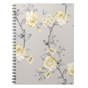 Cuaderno flores amarillas lindas con un patrón de hojas gri