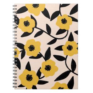 Cuaderno Flores amarillas modernas patrón de hojas negras