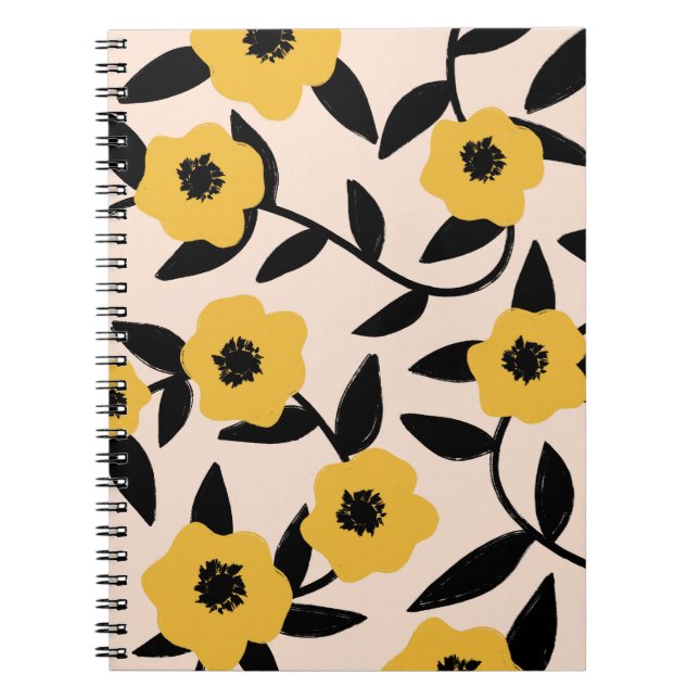 Cuaderno Flores amarillas modernas patrón de hojas negras (Frente)