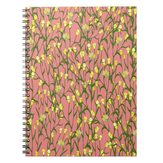 Cuaderno Flores amarillas pequeñas y ramas en el fondo rosa (Frente)