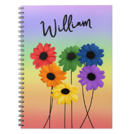 Cuaderno Flores arcoiris sobre tallo negro largo y tu nombr