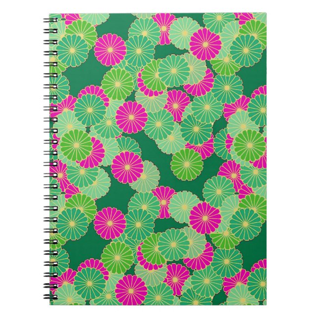 Cuaderno Flores Art Decó en tonos verdes y fucsia (Frente)