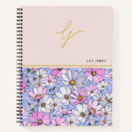 Cuaderno Flores azul rosadas elegantes con un guión monográ