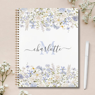 Cuaderno Flores Azules Acuarela Monograma Elegante de Letra