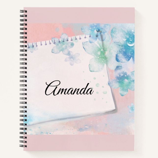 Cuaderno Flores azules de bonito en fondo rosado (Anverso)