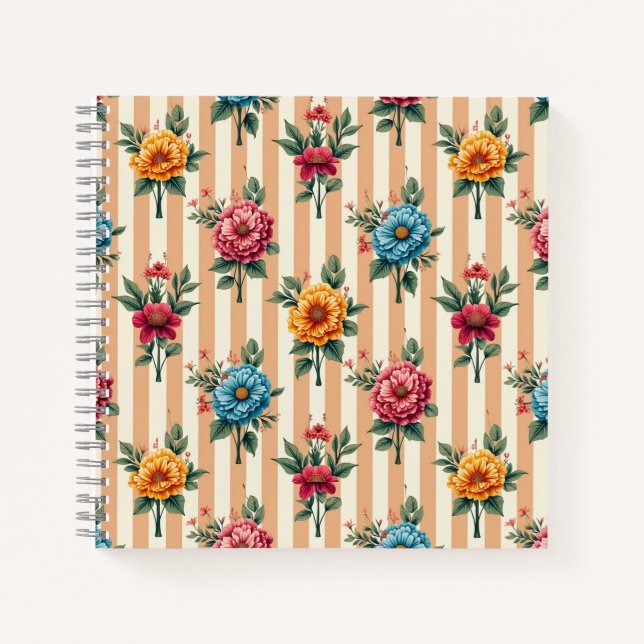 Cuaderno Flores azules doradas rosadas sobre rayas broncead (Anverso)