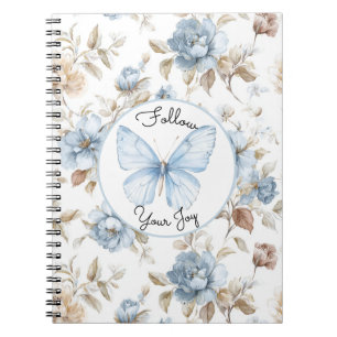 Cuaderno Flores Azules Románticas Mariposa Hojas Marrones
