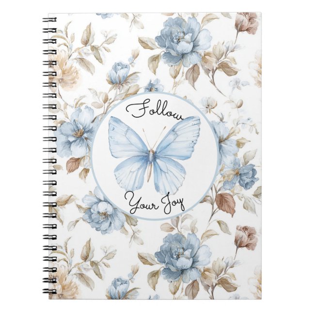 Cuaderno Flores Azules Románticas Mariposa Hojas Marrones (Frente)