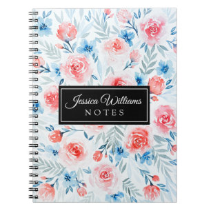 Cuaderno Flores Azules Roses Rosa Patrón Floral acuarela