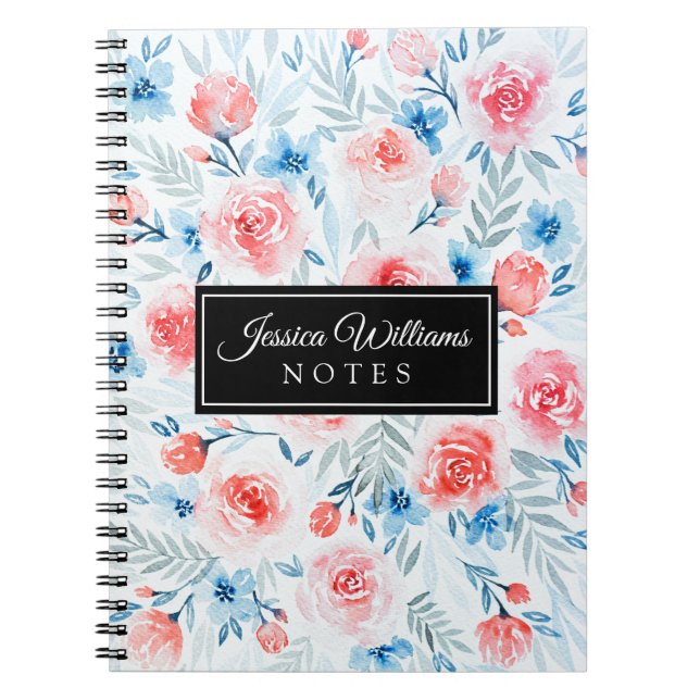 Cuaderno Flores Azules Roses Rosa Patrón Floral acuarela (Frente)