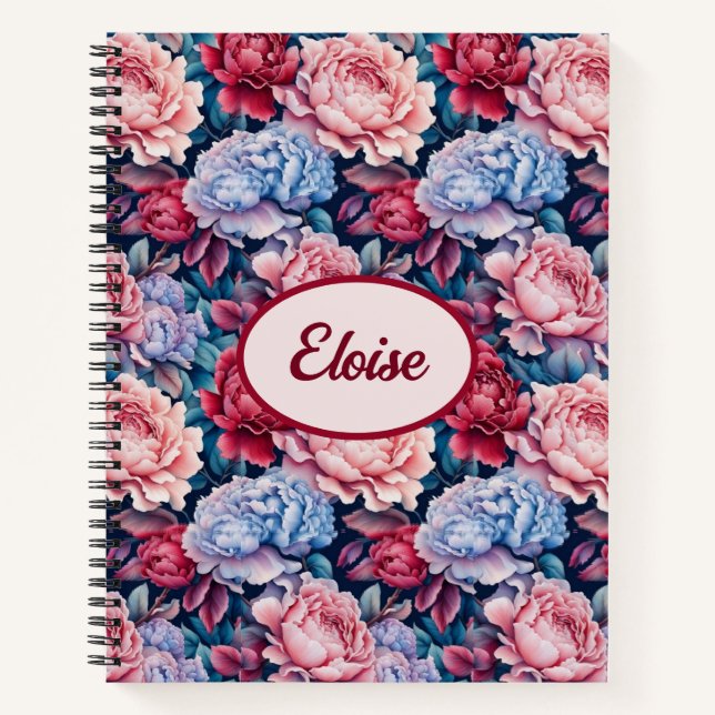Cuaderno Flores azules y rosas personalizadas (Anverso)