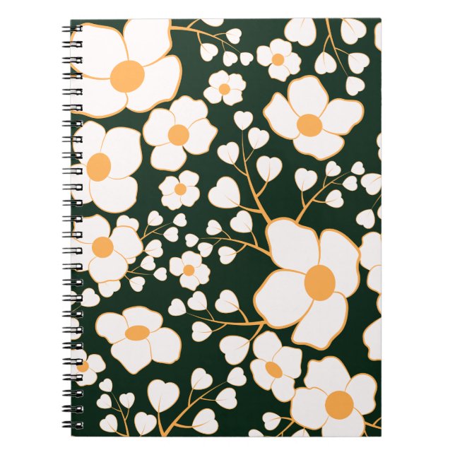 Cuaderno Flores blancas centradas en el amarillo y fondo ve (Frente)