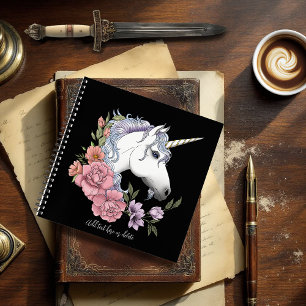 Cuaderno Flores blancas de unicornio de color rosa negro