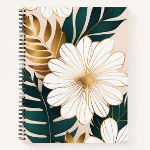 Cuaderno Flores blancas elegantes con follaje verde y dorad