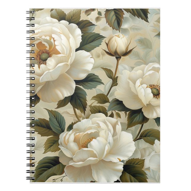 Cuaderno Flores blancas en un fondo crema. (Frente)