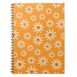 Cuaderno Flores Blancas Retro Sonrientes sobre Naranja