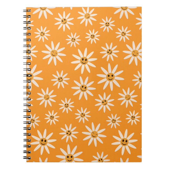 Cuaderno Flores Blancas Retro Sonrientes sobre Naranja  (Frente)