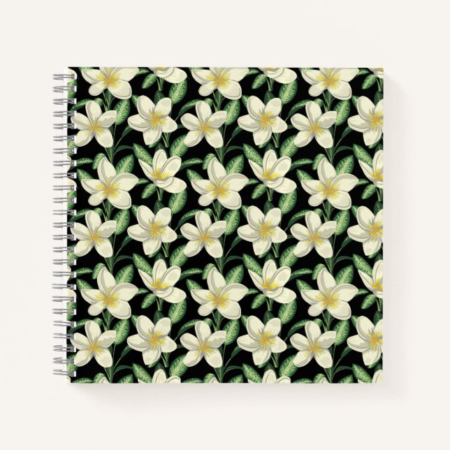 Cuaderno Flores blancas sin costuras trópicas hoja verde (Anverso)
