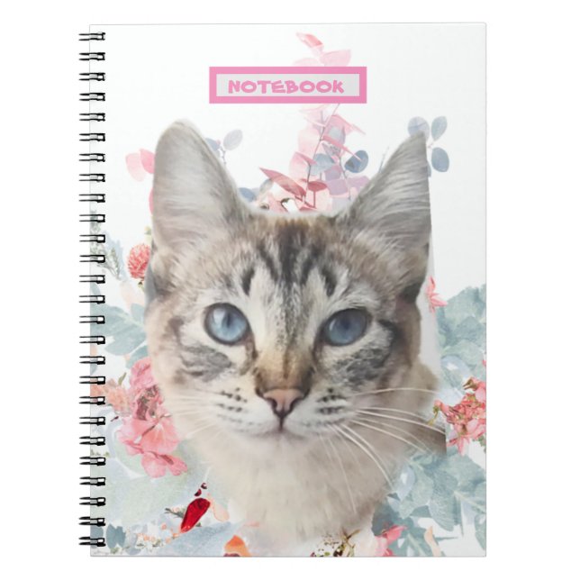 Cuaderno Flores blancas y rosas del gato Ragdoll "Kitty Fuz (Frente)